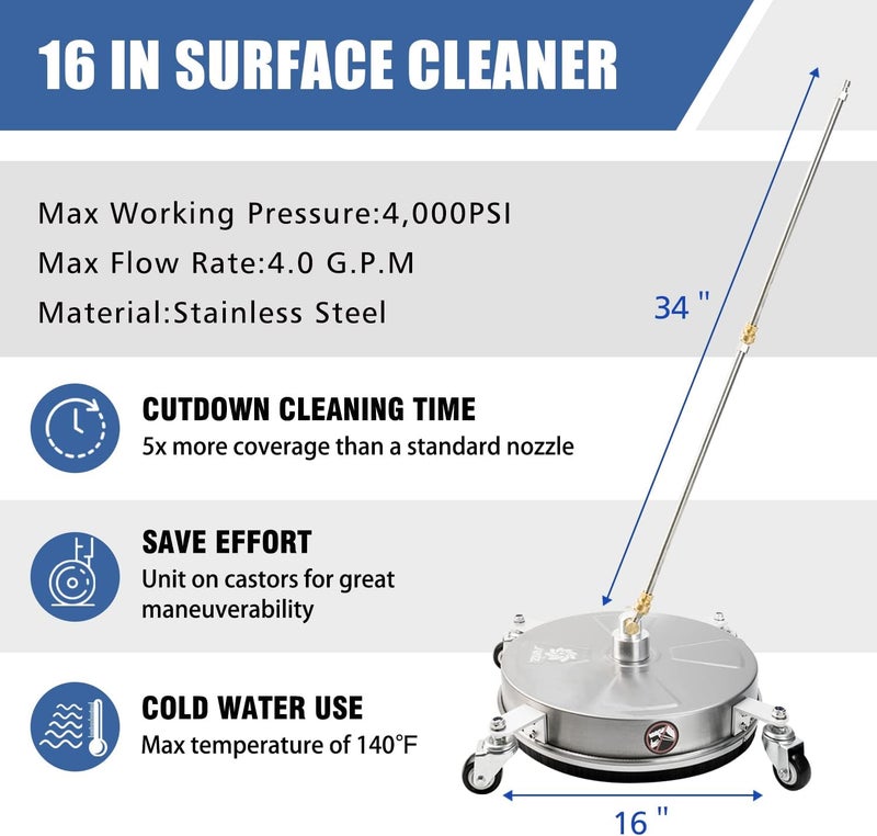 janz 16" Pressure Washer Surface Cleaner with 4 Wheels, Stainless Steel Housing, 1/4" Quick Plug, 2 Extension Wand Attachments, 2 Replacement Nozzles and 3 Spray Nozzles, 4000 PSI - Image 2